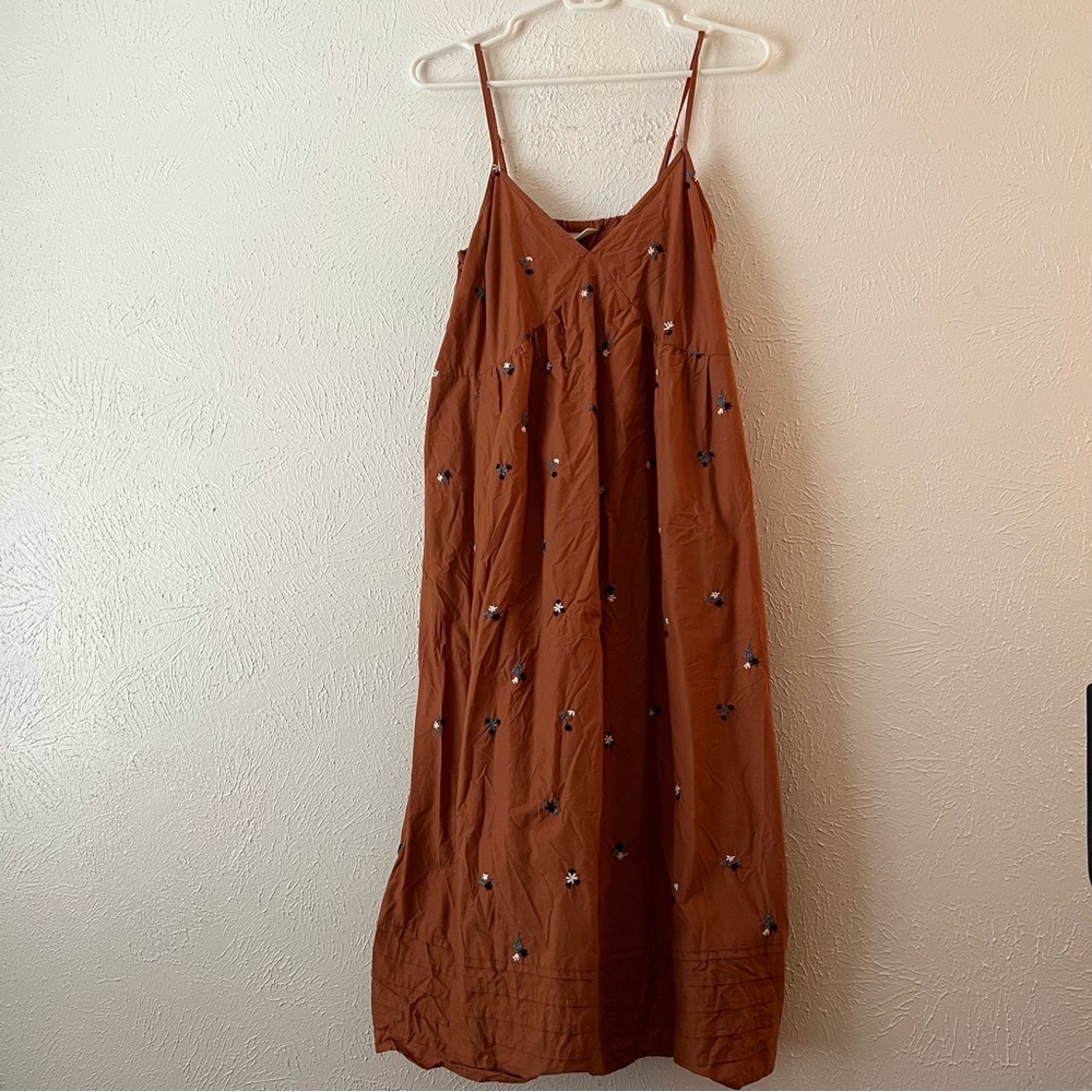 Universal Thread Brown Midi Dress with Blue Embroidery